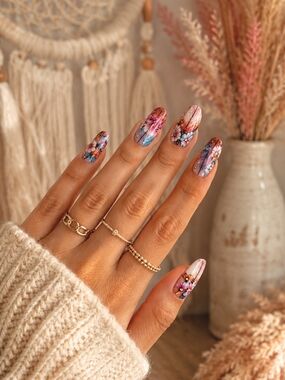 4/$15 Floral Pink & Blue Press-On Nails Set - Women Makeup Boho Paisley Feathers